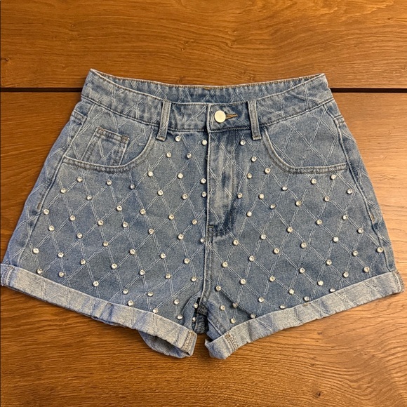 Embellished Blue Denim Women's Shorts Diamond Studded Rhinestones - Picture 1 of 5